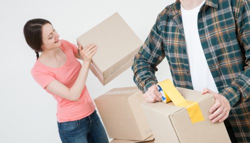 Moving day preparation with boxes, furniture, and access planning